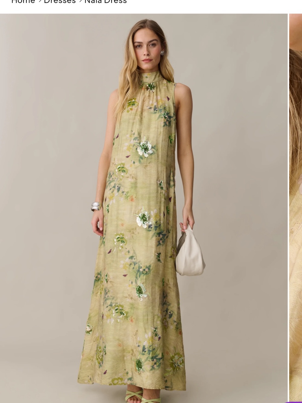 Sleeveless Green Floral Maxi Dress with High Neck